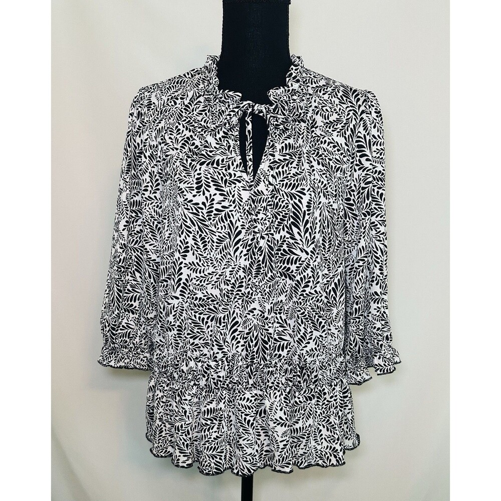 Melloday Black White Floral 3/4 Sleeve Ruffle Elastic Waist Blouse Women LARGE